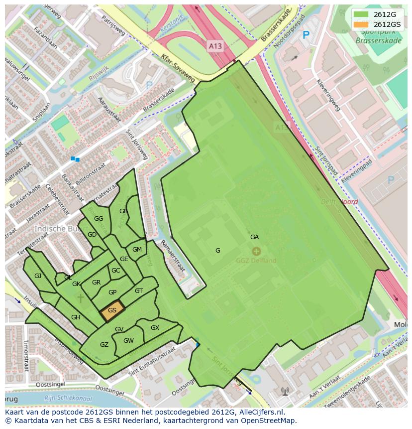 Afbeelding van het postcodegebied 2612 GS op de kaart.