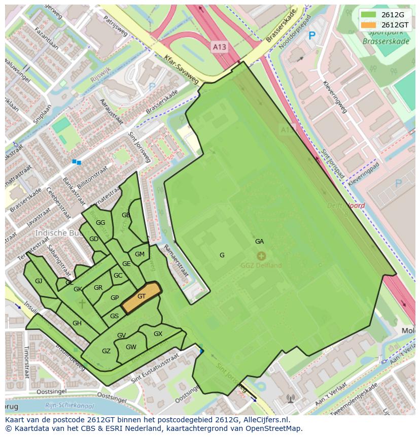 Afbeelding van het postcodegebied 2612 GT op de kaart.