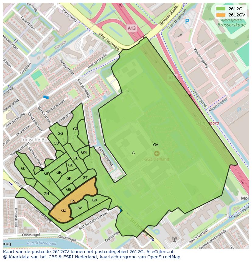 Afbeelding van het postcodegebied 2612 GV op de kaart.