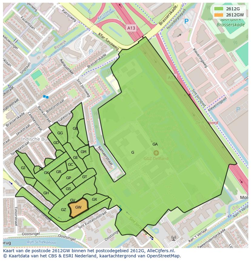 Afbeelding van het postcodegebied 2612 GW op de kaart.