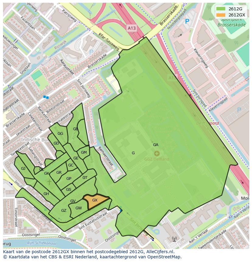 Afbeelding van het postcodegebied 2612 GX op de kaart.