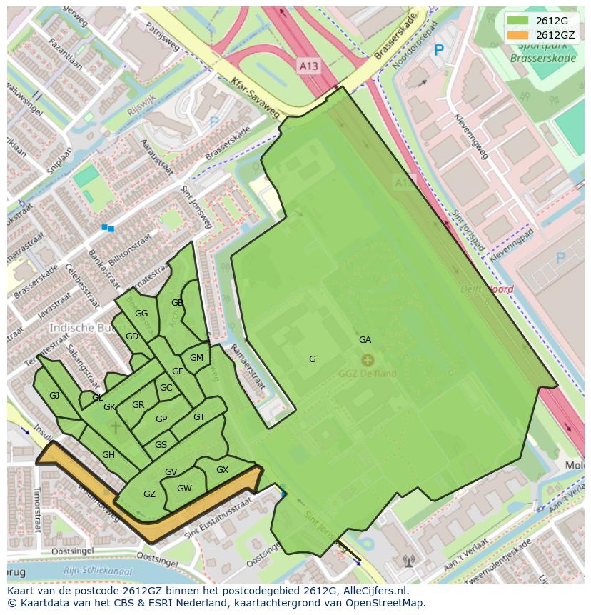Afbeelding van het postcodegebied 2612 GZ op de kaart.