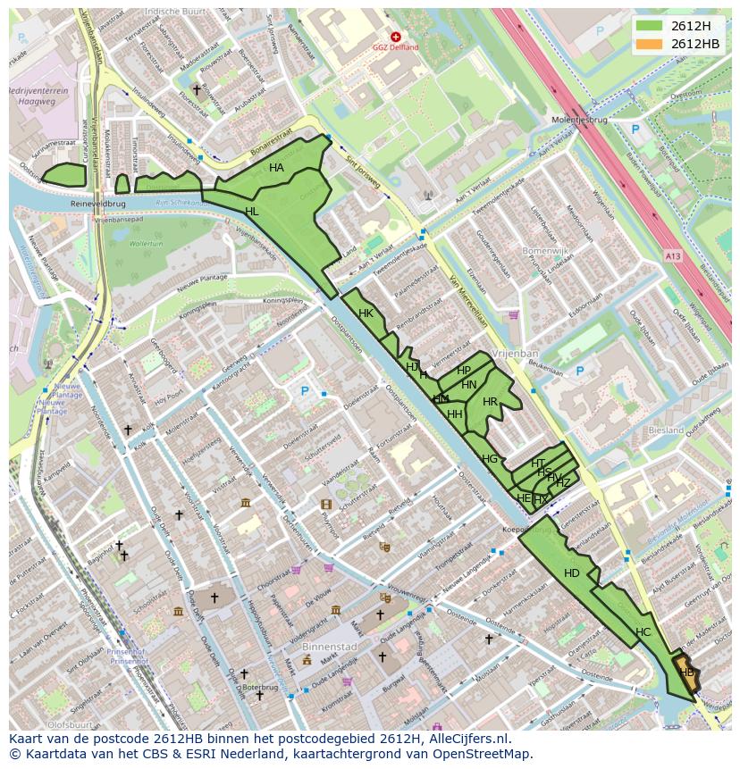 Afbeelding van het postcodegebied 2612 HB op de kaart.