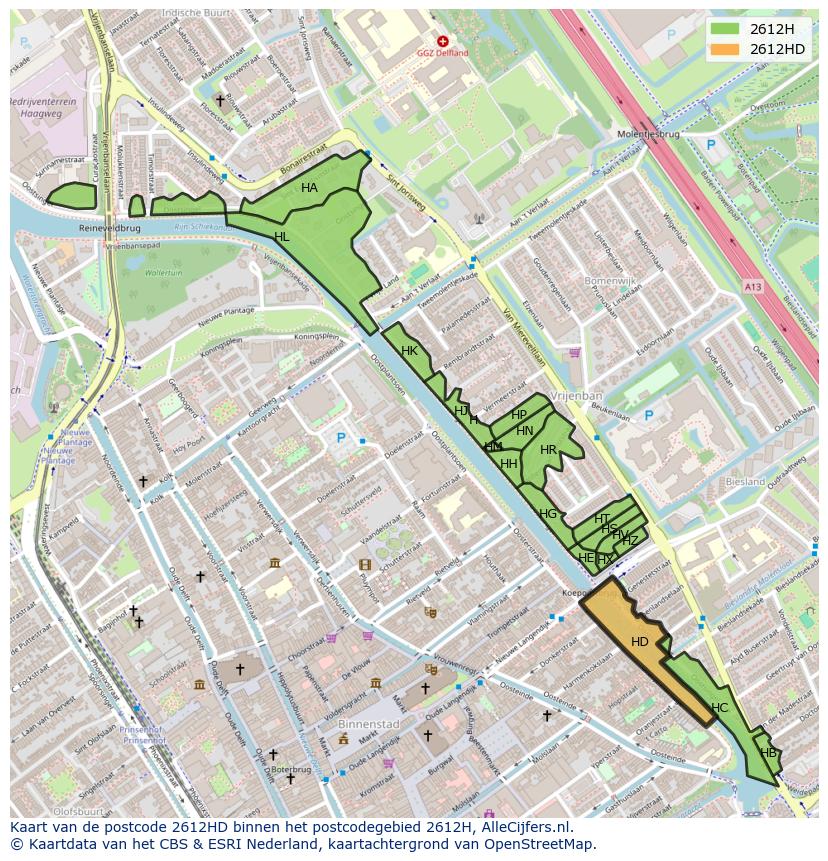 Afbeelding van het postcodegebied 2612 HD op de kaart.