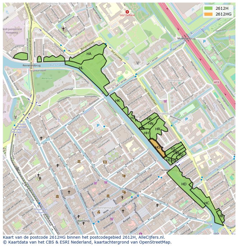 Afbeelding van het postcodegebied 2612 HG op de kaart.