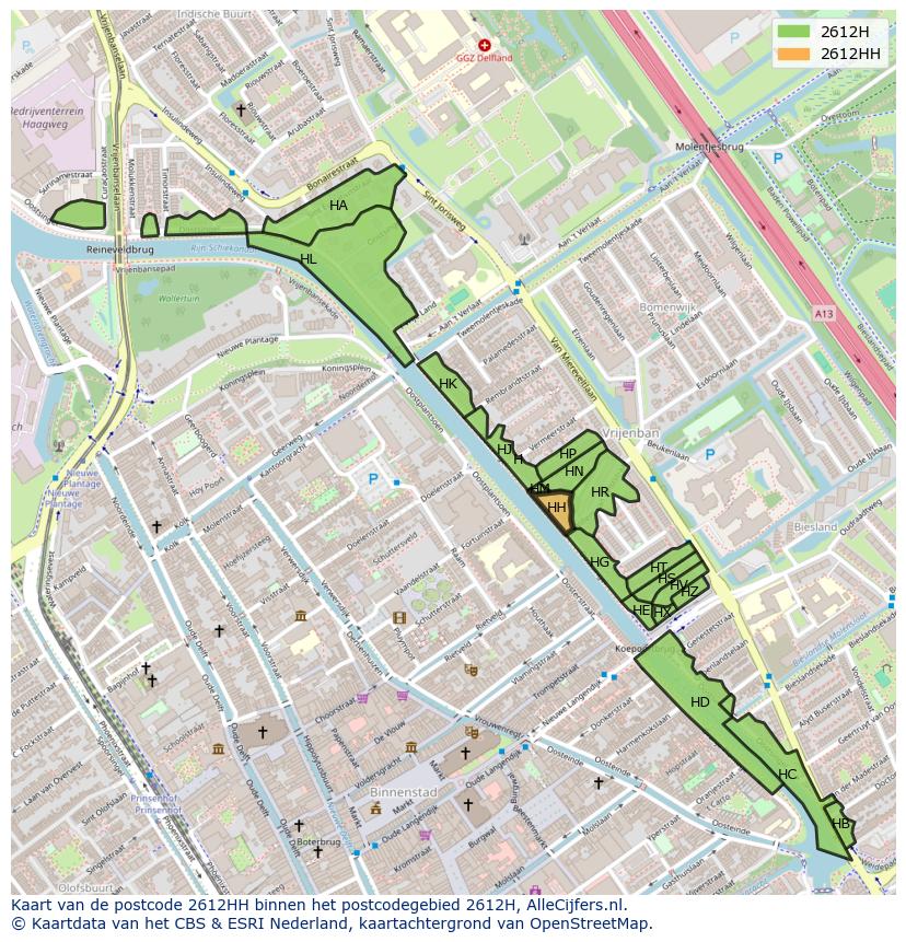 Afbeelding van het postcodegebied 2612 HH op de kaart.
