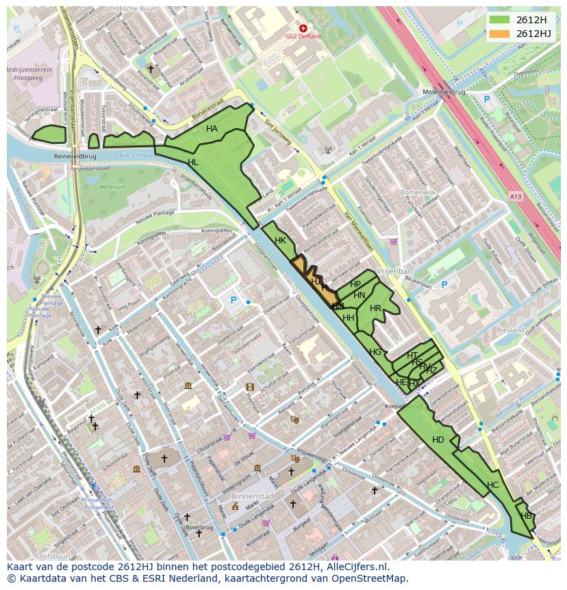 Afbeelding van het postcodegebied 2612 HJ op de kaart.