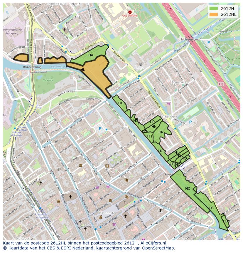 Afbeelding van het postcodegebied 2612 HL op de kaart.