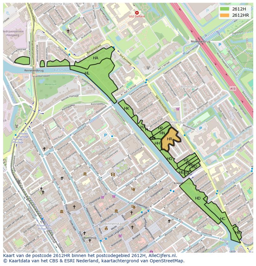 Afbeelding van het postcodegebied 2612 HR op de kaart.