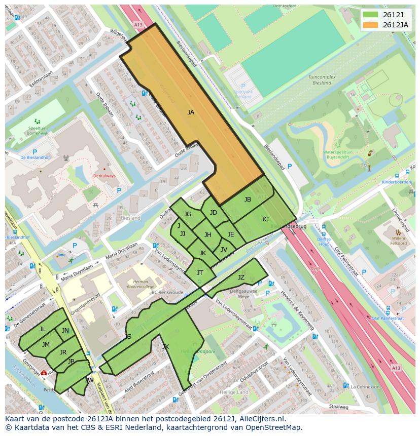 Afbeelding van het postcodegebied 2612 JA op de kaart.