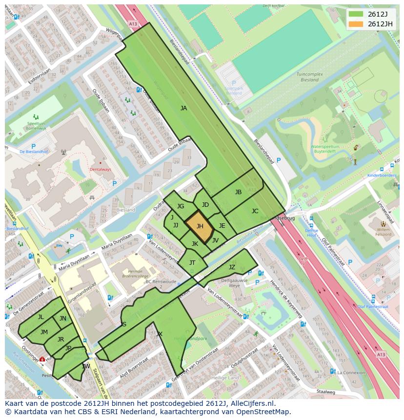 Afbeelding van het postcodegebied 2612 JH op de kaart.