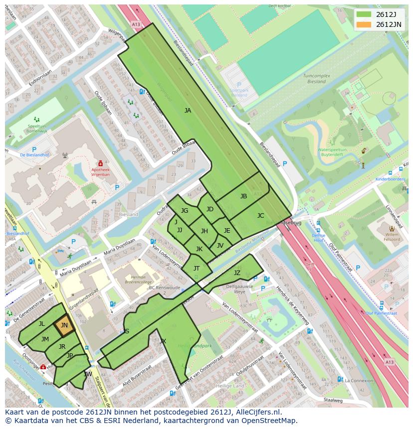 Afbeelding van het postcodegebied 2612 JN op de kaart.