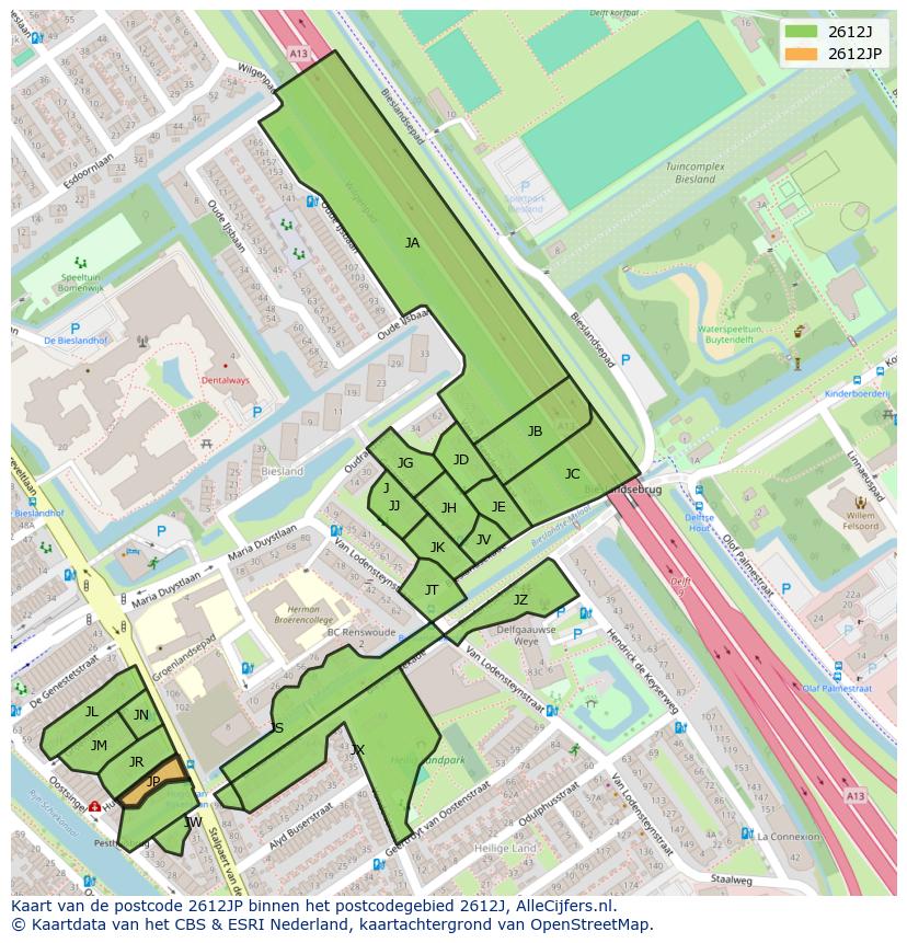 Afbeelding van het postcodegebied 2612 JP op de kaart.