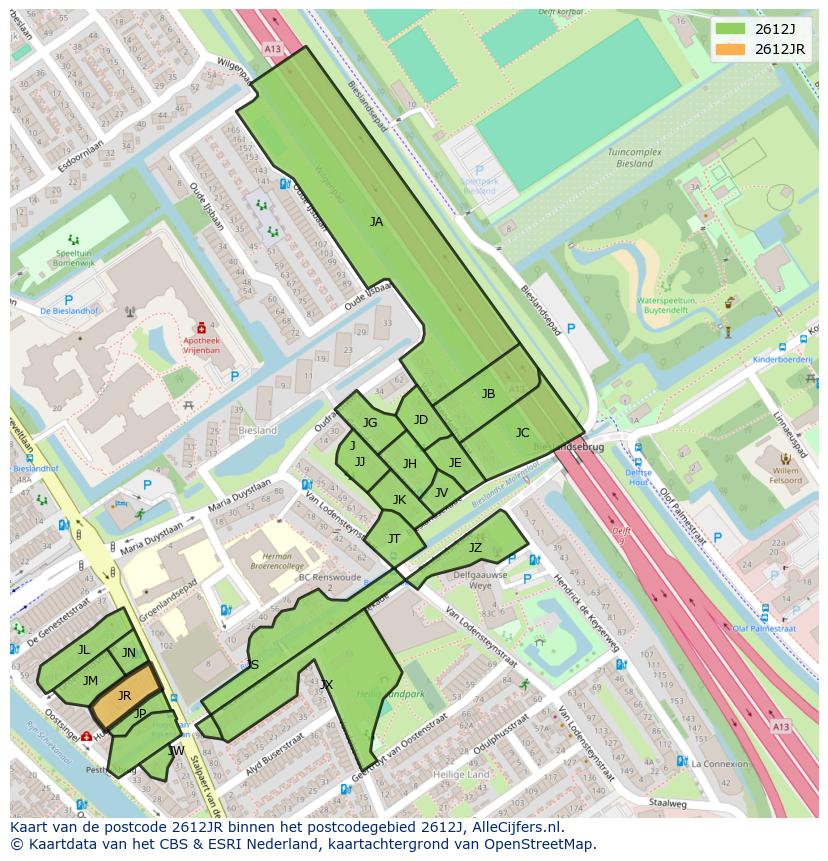 Afbeelding van het postcodegebied 2612 JR op de kaart.