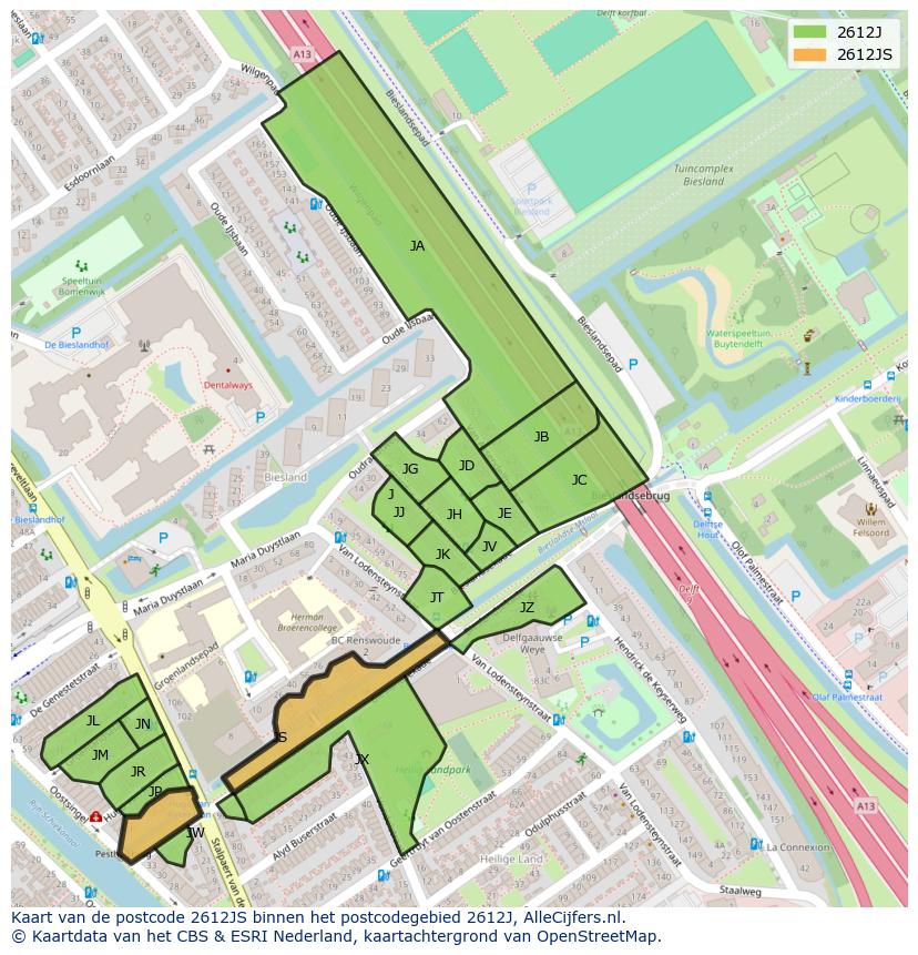 Afbeelding van het postcodegebied 2612 JS op de kaart.