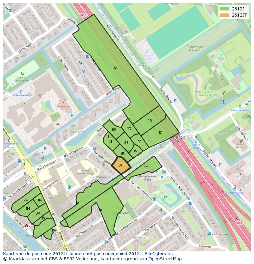 Afbeelding van het postcodegebied 2612 JT op de kaart.
