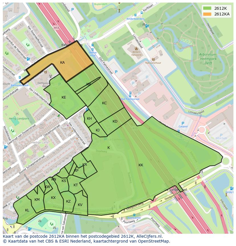 Afbeelding van het postcodegebied 2612 KA op de kaart.