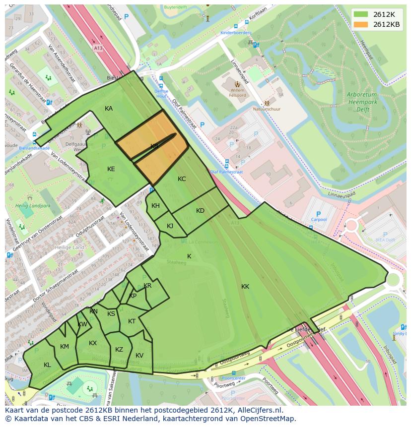 Afbeelding van het postcodegebied 2612 KB op de kaart.