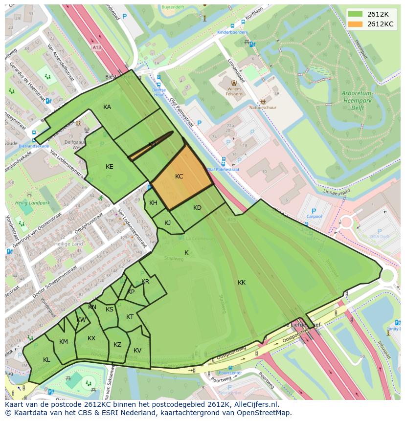 Afbeelding van het postcodegebied 2612 KC op de kaart.