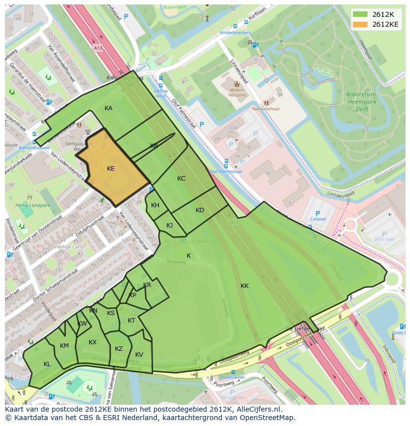 Afbeelding van het postcodegebied 2612 KE op de kaart.