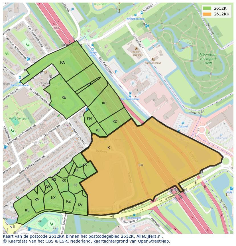 Afbeelding van het postcodegebied 2612 KK op de kaart.