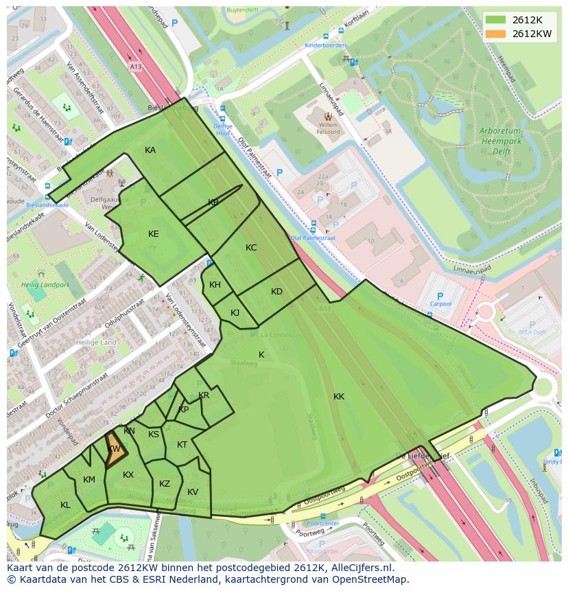 Afbeelding van het postcodegebied 2612 KW op de kaart.