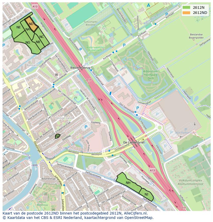 Afbeelding van het postcodegebied 2612 ND op de kaart.