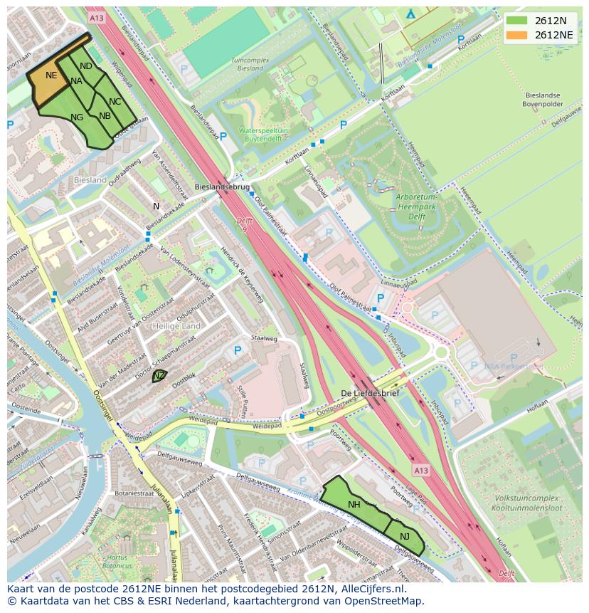 Afbeelding van het postcodegebied 2612 NE op de kaart.