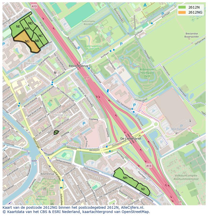 Afbeelding van het postcodegebied 2612 NG op de kaart.