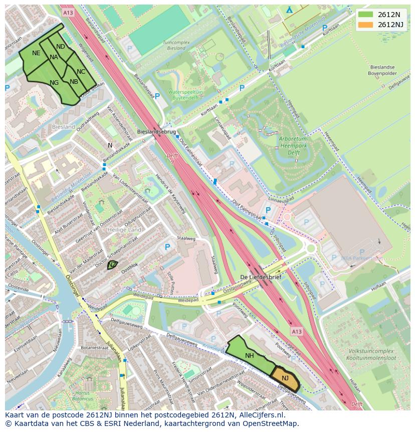 Afbeelding van het postcodegebied 2612 NJ op de kaart.