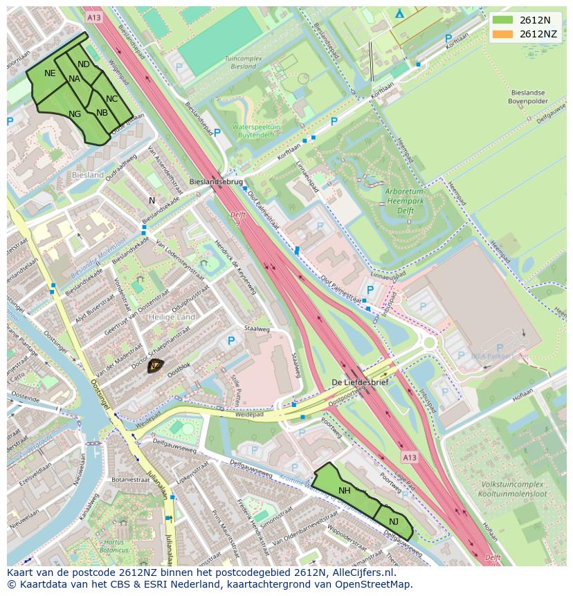 Afbeelding van het postcodegebied 2612 NZ op de kaart.