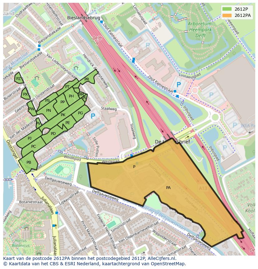 Afbeelding van het postcodegebied 2612 PA op de kaart.