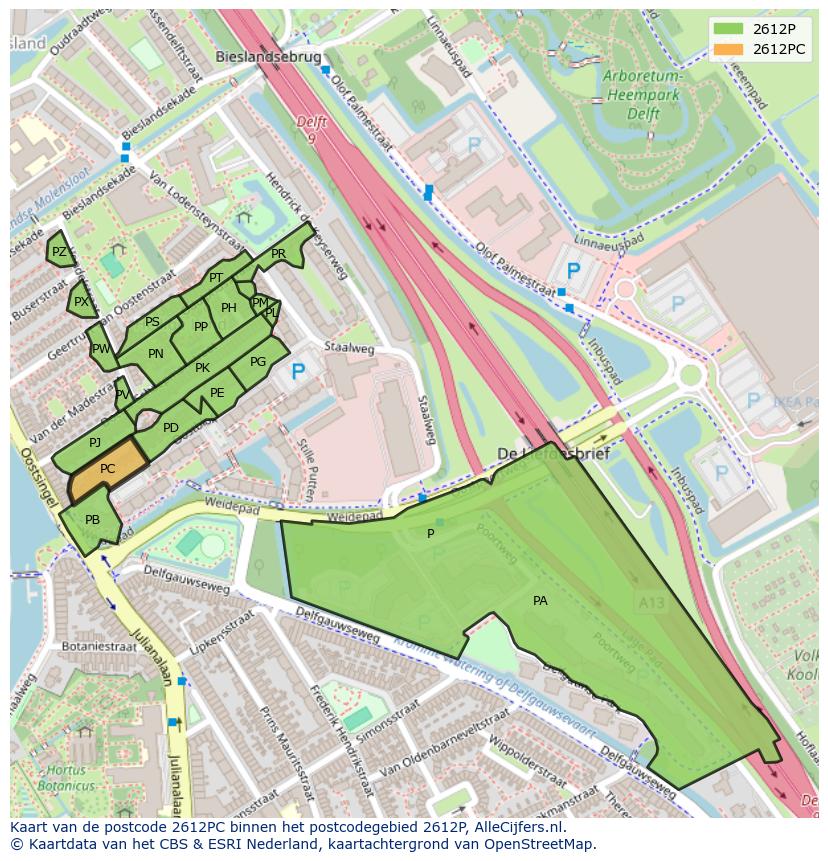 Afbeelding van het postcodegebied 2612 PC op de kaart.