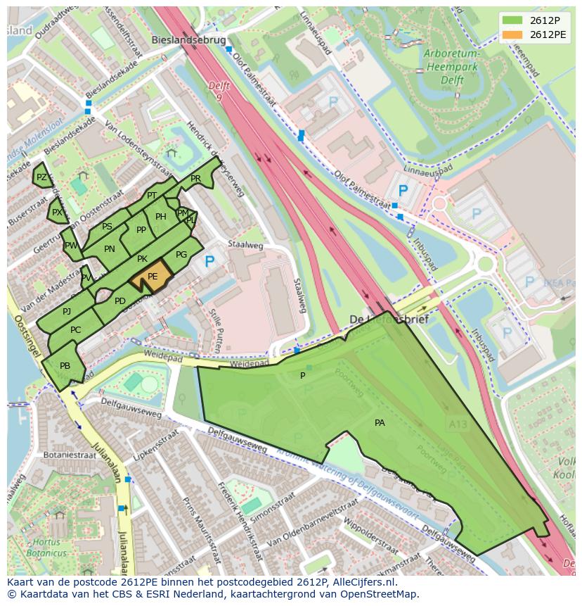 Afbeelding van het postcodegebied 2612 PE op de kaart.