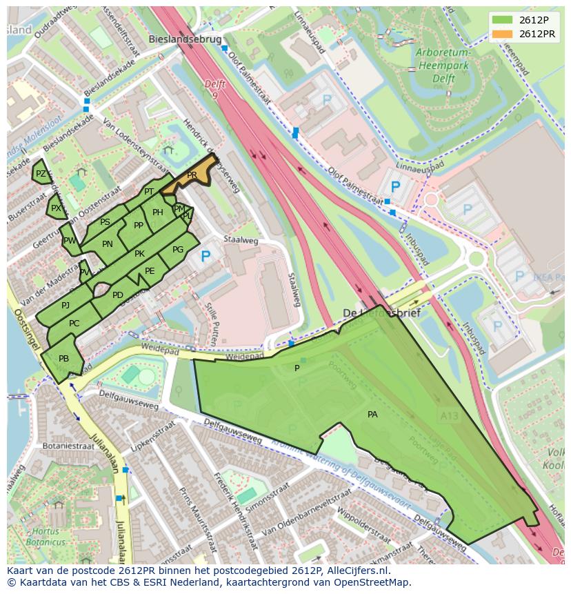 Afbeelding van het postcodegebied 2612 PR op de kaart.