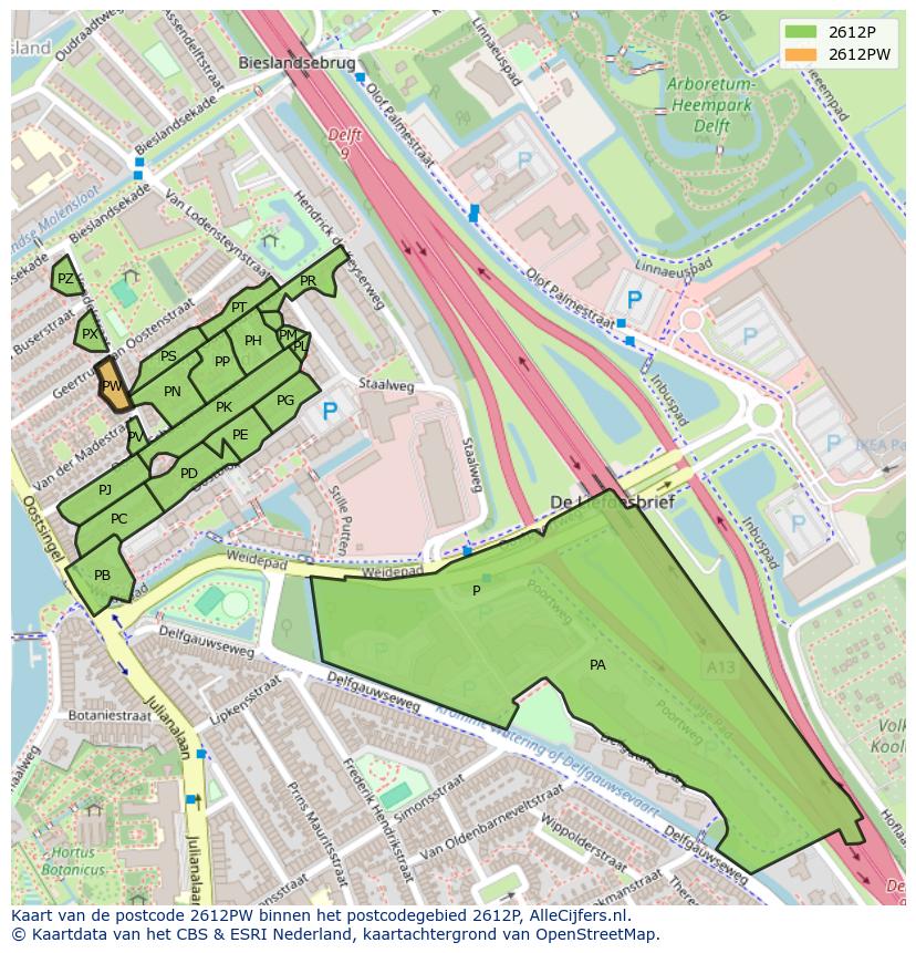 Afbeelding van het postcodegebied 2612 PW op de kaart.