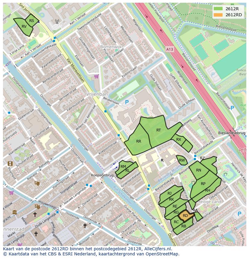 Afbeelding van het postcodegebied 2612 RD op de kaart.