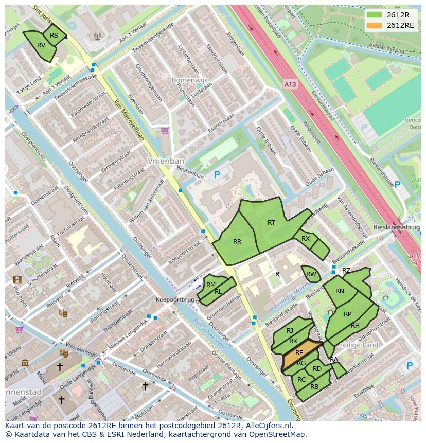 Afbeelding van het postcodegebied 2612 RE op de kaart.