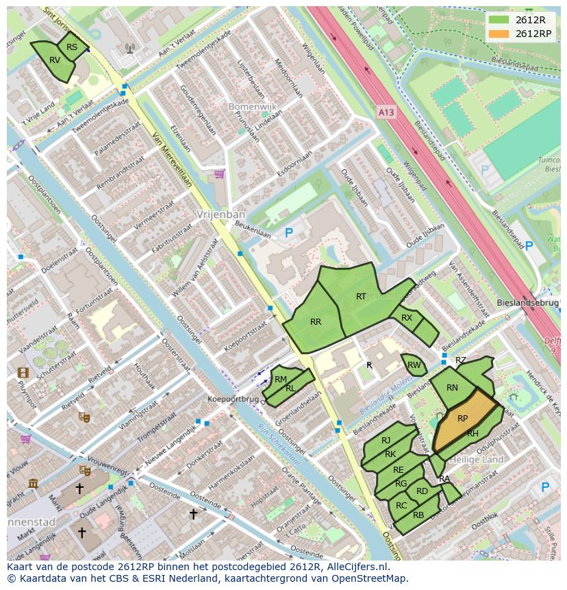 Afbeelding van het postcodegebied 2612 RP op de kaart.