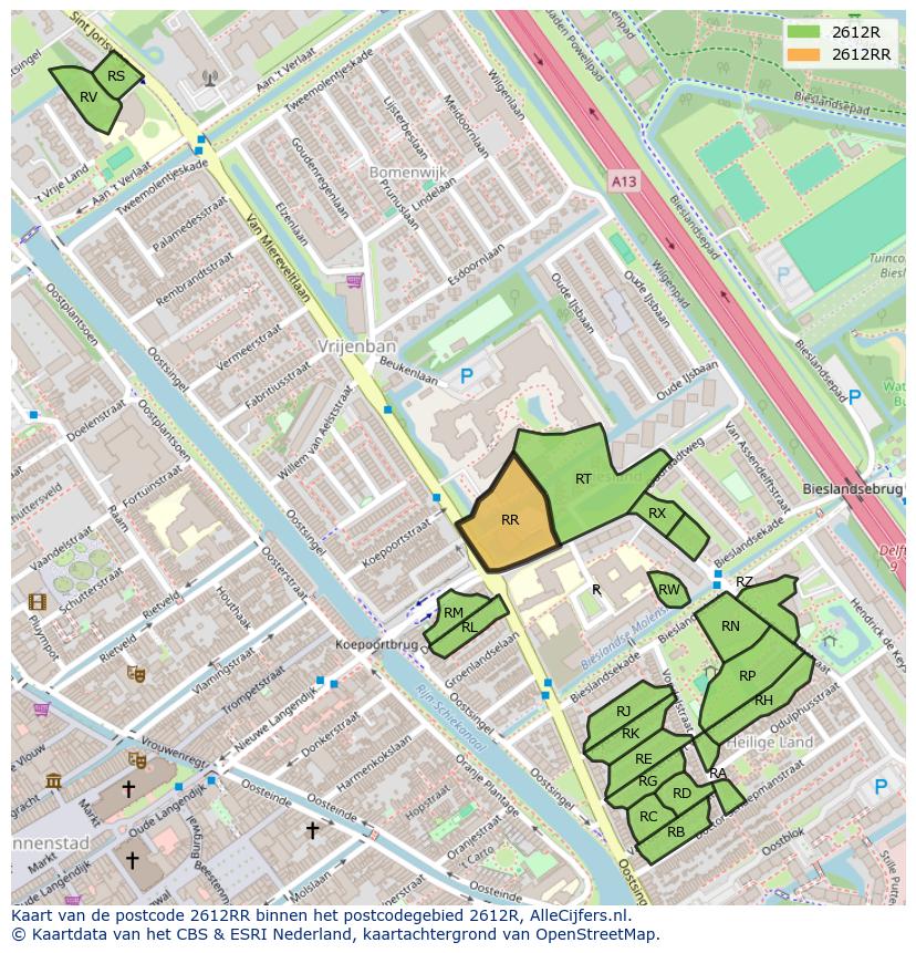 Afbeelding van het postcodegebied 2612 RR op de kaart.