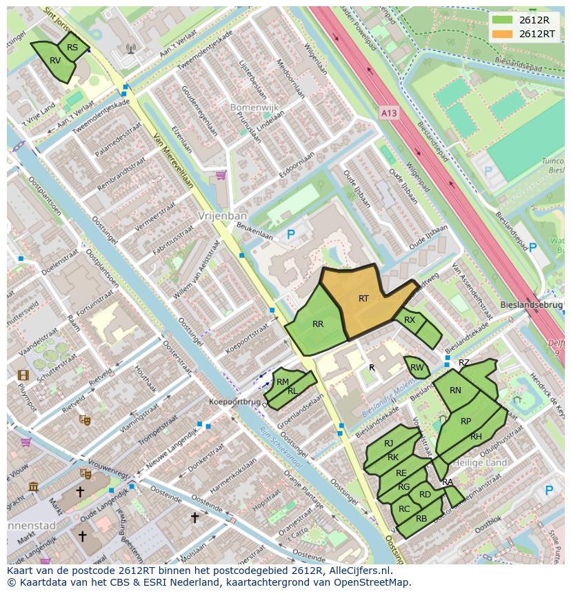Afbeelding van het postcodegebied 2612 RT op de kaart.