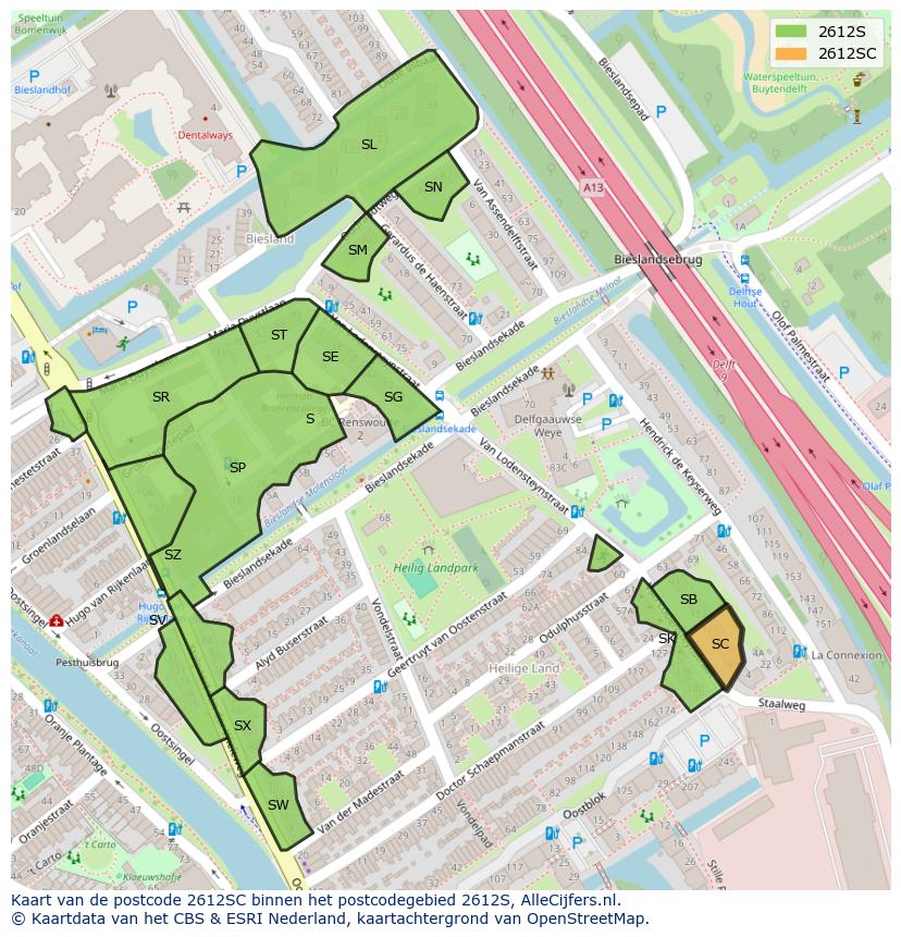 Afbeelding van het postcodegebied 2612 SC op de kaart.