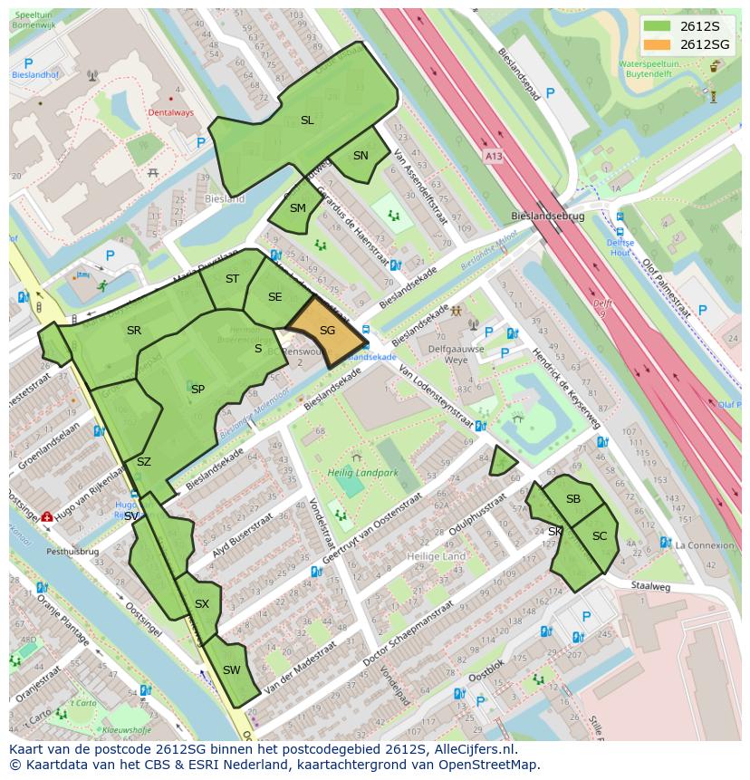 Afbeelding van het postcodegebied 2612 SG op de kaart.