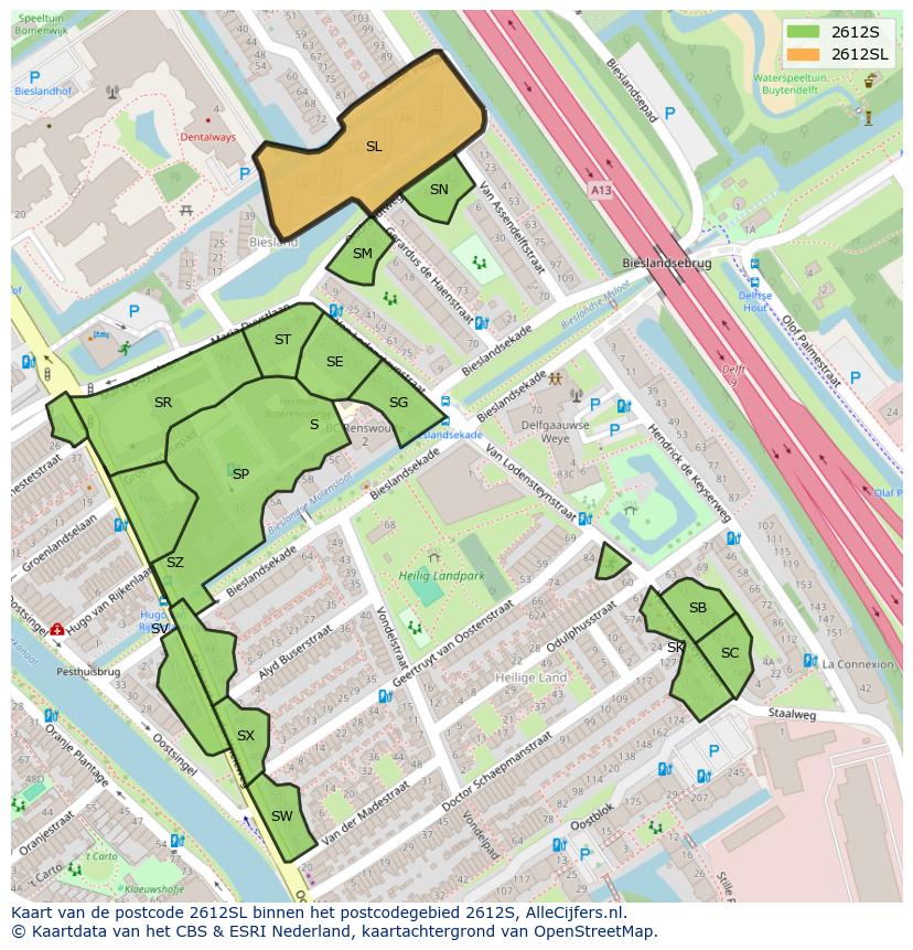 Afbeelding van het postcodegebied 2612 SL op de kaart.