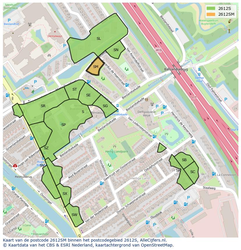 Afbeelding van het postcodegebied 2612 SM op de kaart.