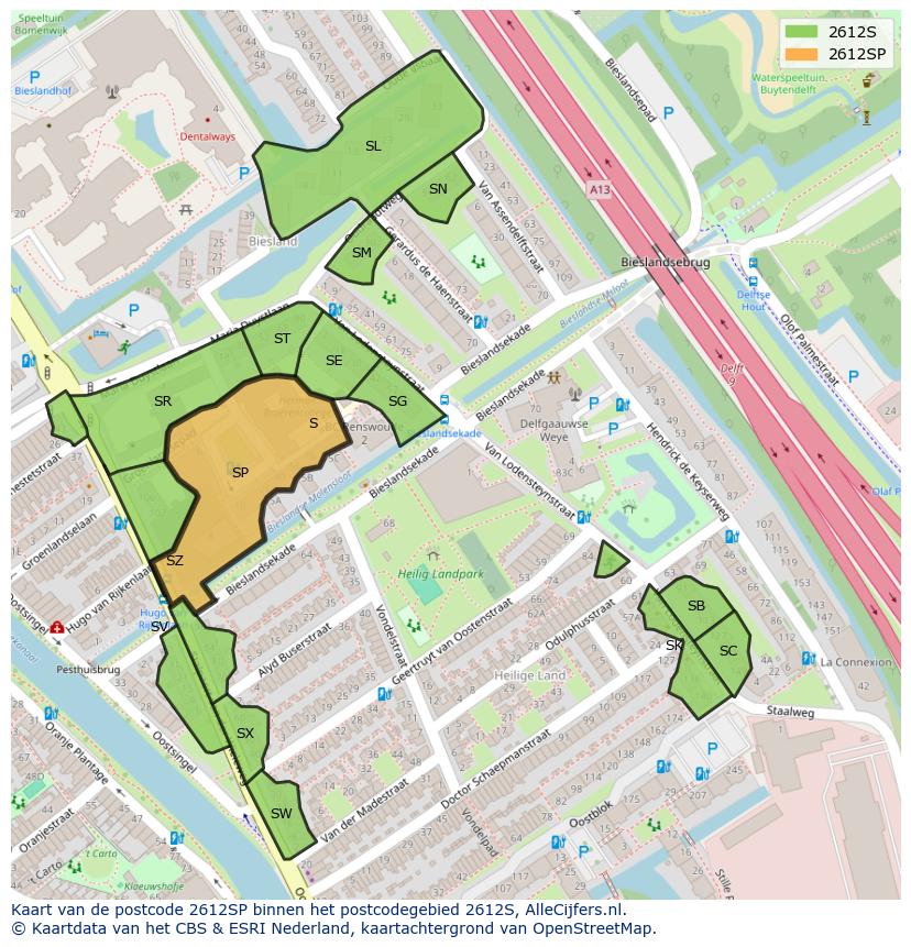 Afbeelding van het postcodegebied 2612 SP op de kaart.