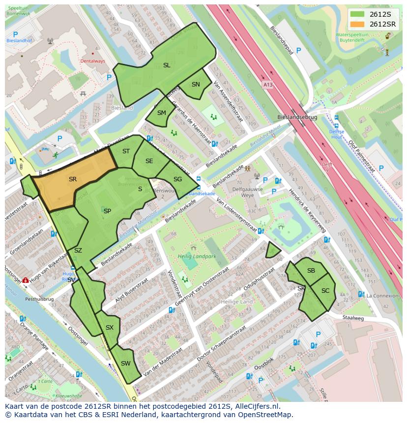 Afbeelding van het postcodegebied 2612 SR op de kaart.