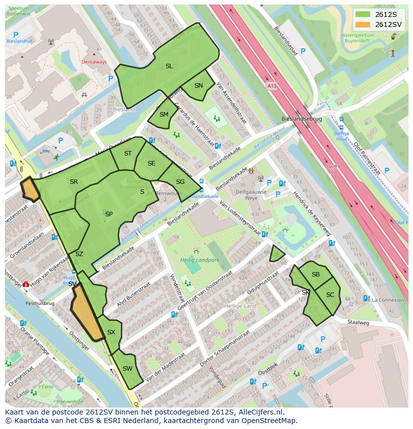Afbeelding van het postcodegebied 2612 SV op de kaart.