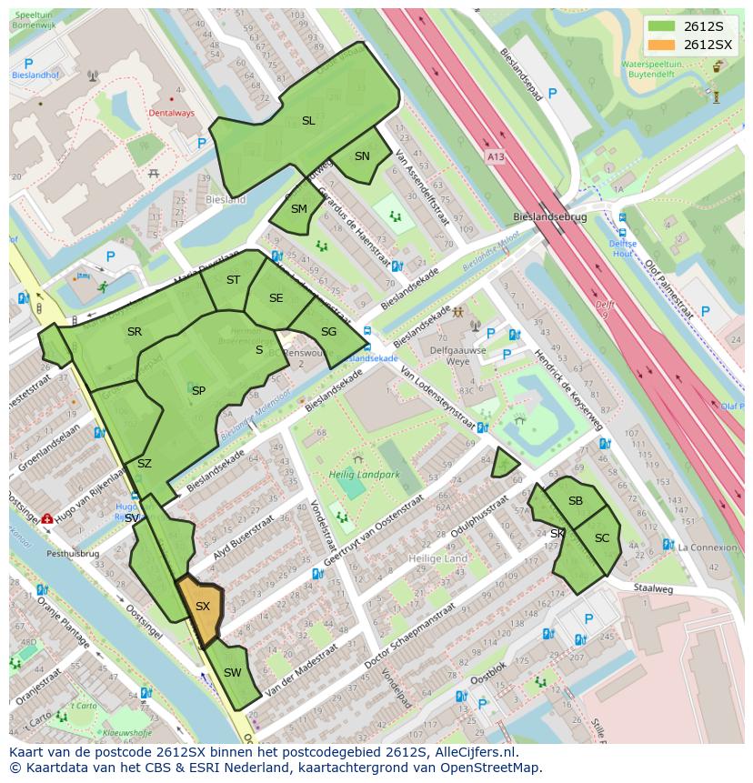 Afbeelding van het postcodegebied 2612 SX op de kaart.