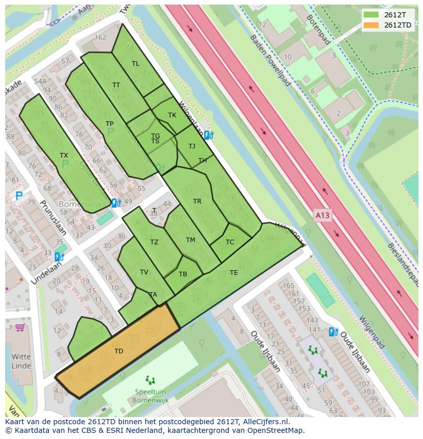 Afbeelding van het postcodegebied 2612 TD op de kaart.
